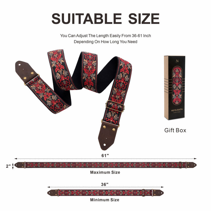 Nefelibata Guitar Strap,Jacquard Embroidery Cotton Guitar Straps with Crazy Horse Leather Leather Ends for Bass, Electric & Acoustic, Best Gifts for Kids, Guitarists(Retro Red Flower) Retro Red Flower