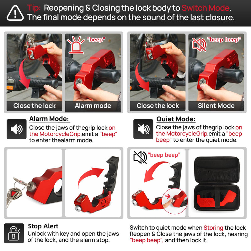 [AUSTRALIA] - Motorcycle Locks Anti Theft, 130DB Alarm Motorcycle Grip Brake Lock, Heavy Duty Handlebar Throttle Lock Waterproof Alarm System for Moped, Bike, Scooter, ATV (Red) Red 