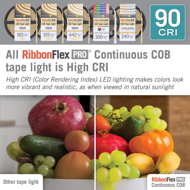 Armacost Lighting RibbonFlex Pro 24V White COB LED Strip Light Tape 3000K, 315 Lumens/Ft, 2.5M 172210 8.2 ft Soft White 3000K