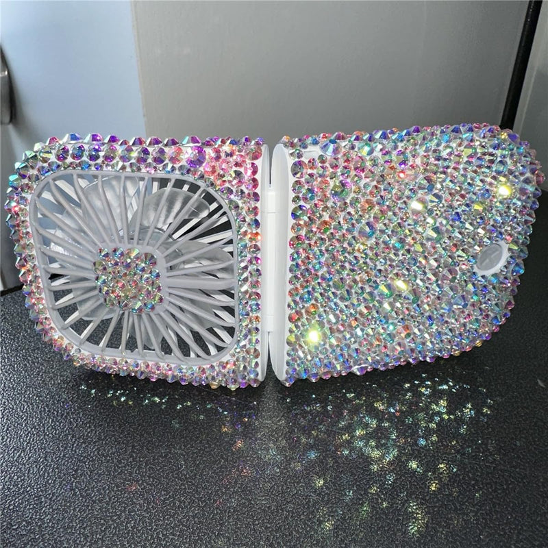 Customized Mixed Rhinestone Rechargeable Mini Handheld/Hanging Portable Usb Battery Operated 3000MA Power Bank Folding Personal Fan for Girls Camping Travelling Outside Indoor Office ab