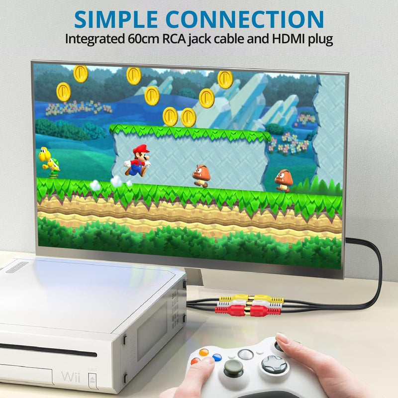 AUTOUTLET RCA to HDMI Converter with Aspect Ratio Switch (4:3/16:9), 1080P/720P AV to HDMI Composite CVBS Video Audio Adapter Supports PAL/NTSC for Wii/N64/PS2 EFU117