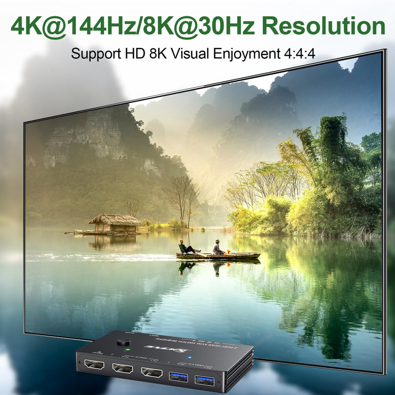 KVM Switch 1 Monitors 2 Computers 8K@60Hz,HDMI USB3.0 KVM Switches with 3 USB 3.0 Port,Wired Remote,Power Adapter and USB3.0 Cables Included Black 12 cm HDMI 2 in 1 Out