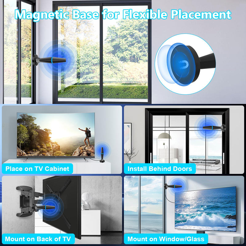 TV Antenna for Smart TV Indoor, TV Antenna for Local Channels | 360° omnidirectional long-range reception, plug-and-play with 10ft coax cable, supports all TVs for clear 4K 1080p US-BV15601