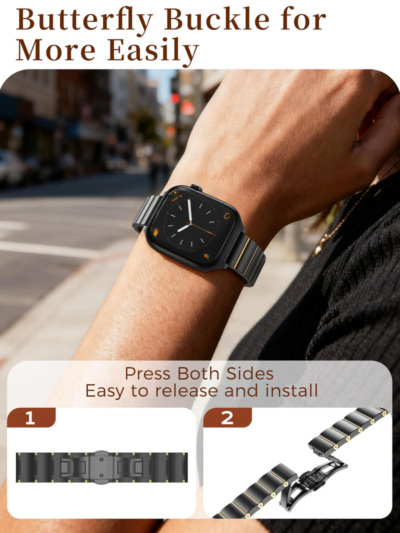 LULULOOK Compatible with Apple Watch Bands for Women 46mm 45mm 44mm 42mm 41mm 40mm 38mm, Metal Stainless Steel iWatch Strap for Apple Watch Series 11/10-1/SE Series Black+Gold 42(Series 11/10)/41/40/38mm