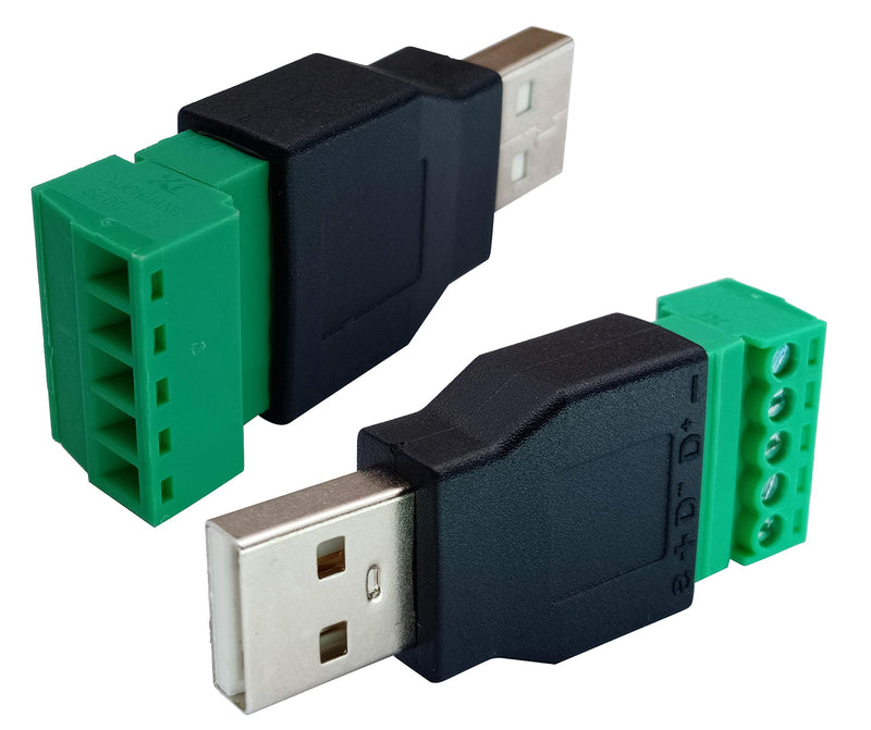 AAOTOKK USB 2.0 A Screw Terminal Block Adapter USB 2.0 A Male to 5 Pin/Way Female Bolt Screw Shield terminals Pluggable Type Adapter Connector for Charging and Data Transfer (2Pack/Male)