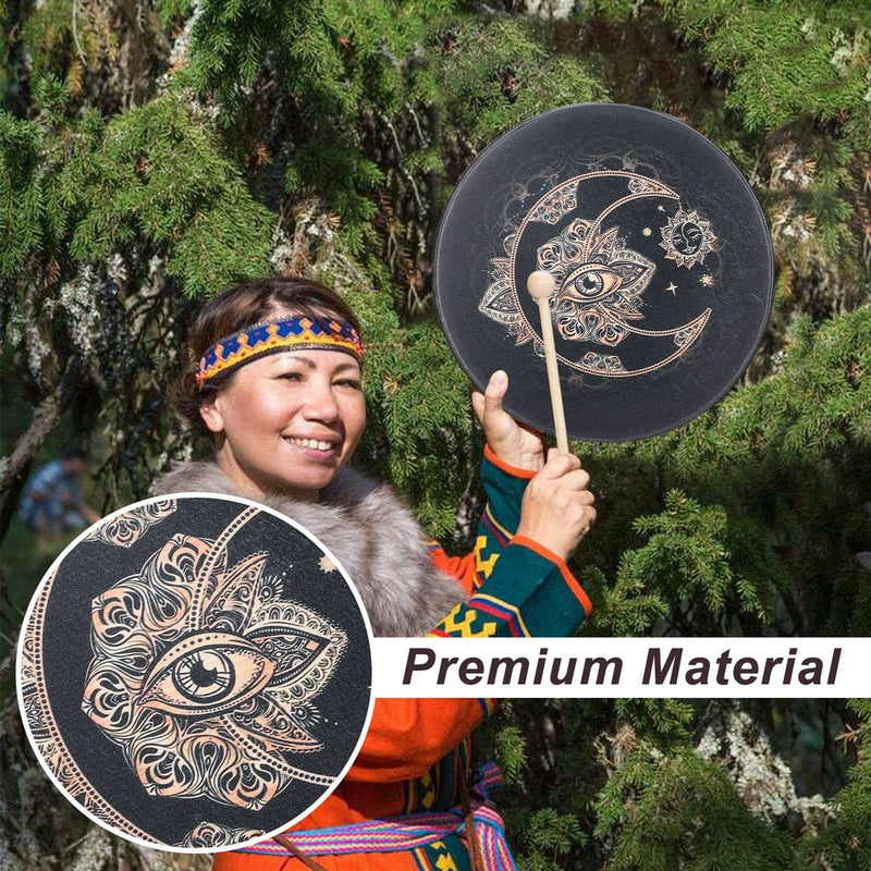 Shaman Drum 10 Inch Wood Frame Drum with Drum Stick Vegetarian Shaman Hand Drum Sound Healing Tool For Spiritual Music, Reflection(Black)