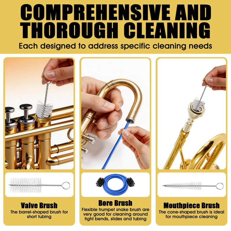 Trumpet Cleaning Kit, Trumpet Care Kit (Valve Oil, Slide Grease, Mouthpiece Brush, Bore Brushe, Piston Brush, Microfiber Cloth, Jnjector and Bent Tube Needle), Maintain Trumpet and Sound Quality
