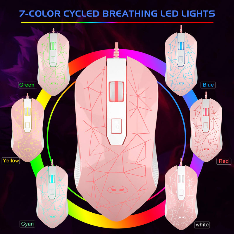 MageGee G6 Wired Gaming Mouse, Ergonomic USB Optical Mouse with 7 Colors Breathing LED Backlit, 6 Adjustable DPI Levels from 600 to 3200 for Laptop PC Computer Games & Work, Pink