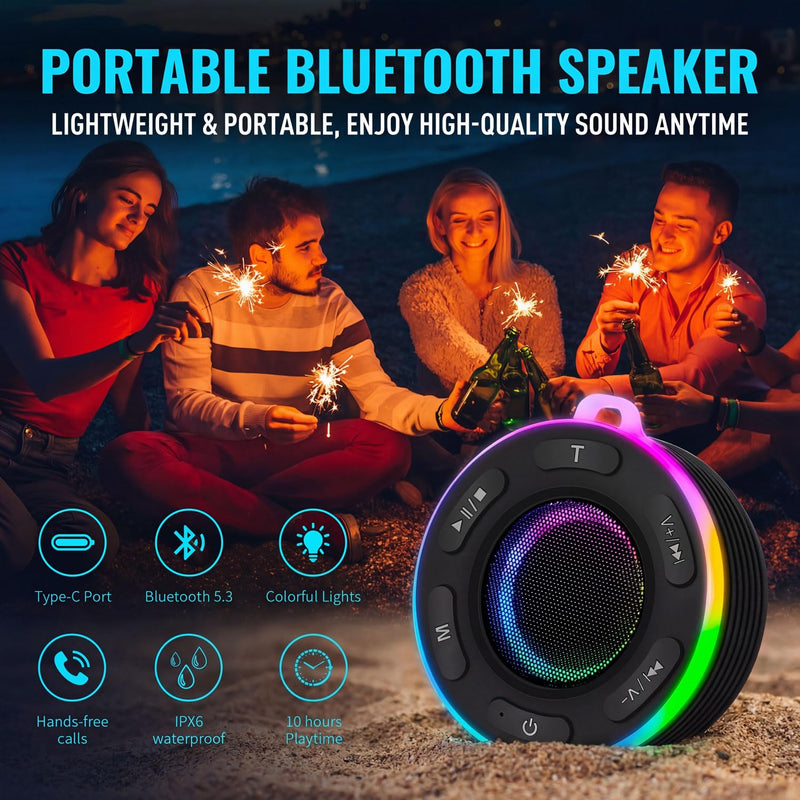 [AUSTRALIA] - Portable Bluetooth Speaker with vibrant led lights, IPX6 Waterproof, Loud Stereo Sound,Hands-Free Calling/Radio, for Shower, Beach, Outdoors, Over 10 H Playtime, Mini/Small, Suction Cup & Hook 
