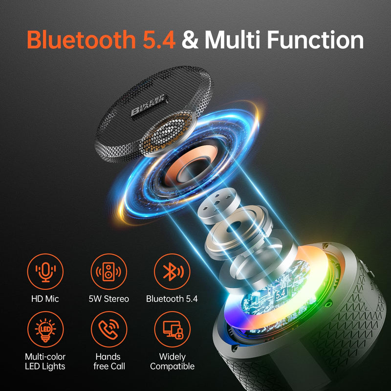 [AUSTRALIA] - Bluetooth Shower Speaker with Light, Enhanced bass, Upgraded Portable Shower Speakers, Dual bass Driver, 12H Playtime, Suction Cup, Lanyard, Hands-Free Function for Bathroom Beach Party Deep Black 