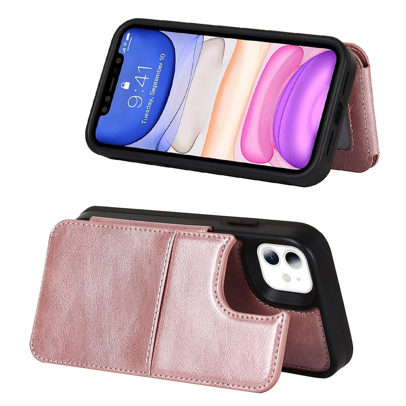 Jaorty for iPhone 11 Wallet Case with RFID Blocking Card Holder,7 Card Slots Heavy Duty Protective Bumper Armort PU Leather Magnetic Buttons Kickstand Case for iPhone 11 6.1 Inch,Macaron Rosegold 7 Card Slots-RoseGold