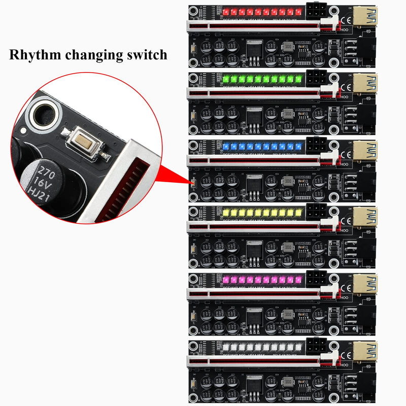 BEYIMEI PCI-E Riser 1X to 16X for Bitcoin GPU Mining Powered Riser Adapter Card,11 Fixed Capacitors,LED Colorful Light Effect,60cm USB 3.0 Cable-for Ethereum ETH Mining (VER014 -6 Pack) 6 PACK--VER014
