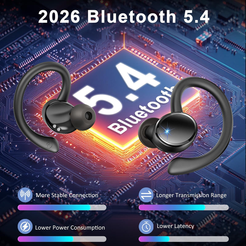 Wireless Earbuds, Bluetooth 5.4 Headphones, 75H Deep Bass Sound, Earhook | Sport, Over Ear Buds, 4 ENC Noise Cancelling Mic, Dual LED Display, IP7 Waterproof Earphones, Workout, Running, Gym Jet-Black