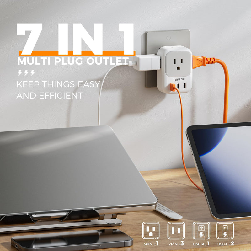 [AUSTRALIA] - USB Wall Charger, TESSAN Outlet Splitter with 4 AC Outlets Extender and 3 USB (2 USB C Blocks), Multi Plug Expander Charging Station for Cruise, Home, Office, Dorm Room Essentials 