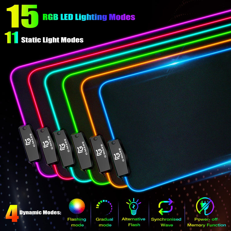 Gimars RGB Gaming Mouse Pad with 4 USB Hubs, 15 LED Light Modes Mouse Pad, Extra Large，Non-Slip Rubber Base, Waterproof Desk Pad for Desk Laptop Computer, PC Games, Office Black-RGB+Usb Port