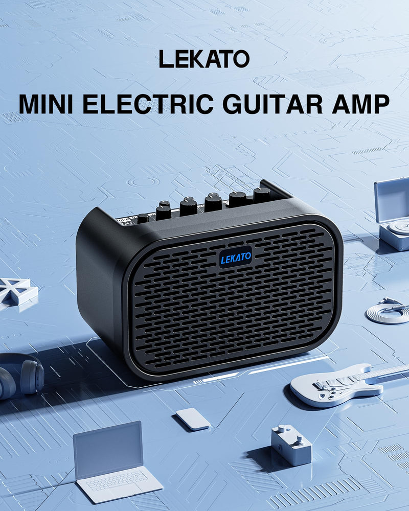 LEKATO Electric Guitar Amp, 10W Mini Guitar Amp, Distortion, Clean, Delay, Three-Band EQ, Gain Regulation, Bluetooth Guitar Amp Portable for Travel, Room Practice Black