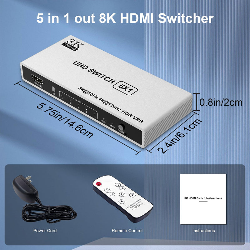 5 Port HDMI 2.1 Switch 8K@60Hz 4K@120Hz HDMI Switcher Selector 5 in 1 Out with Remote Support Auto-Switching, 48Gbps, PS5, Xbox Series X, HDR 10+, Dolby Vision, HDCP 2.3 Silver