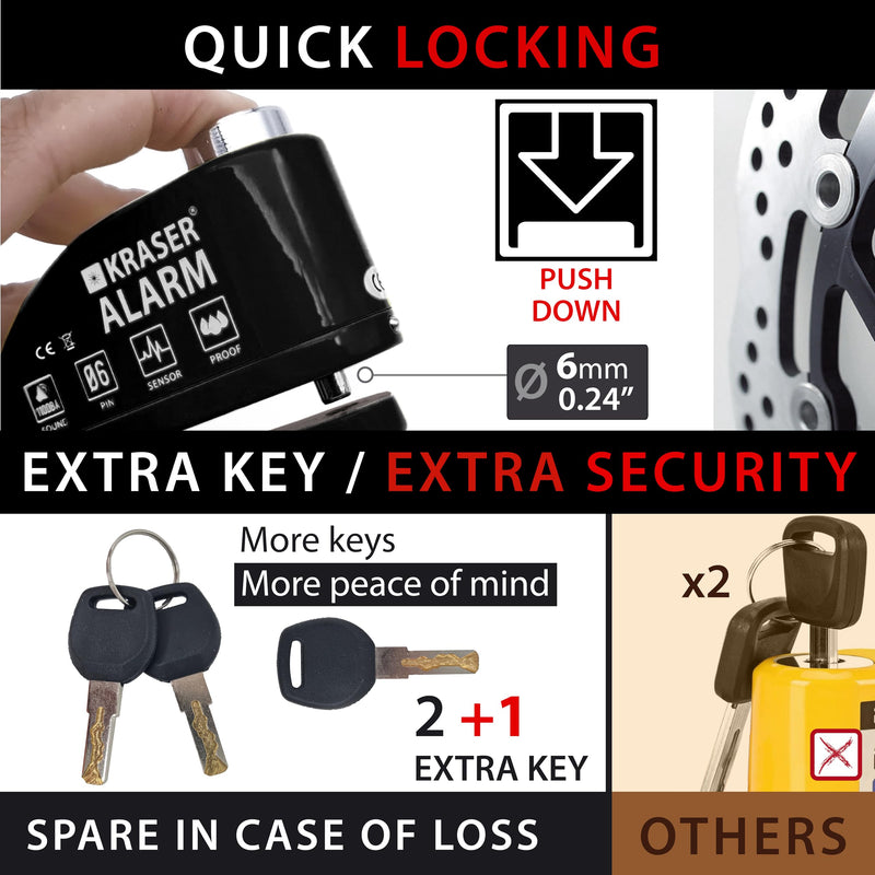KRASER 6Y Alarm Disc Lock, Reinforced Disc Brake Lock with 3 Keys (Others 2), Heavy Duty Anti-Theft Motorcycle with Alarm,110dB, Weather-Resistant, Reminder Cable, Pouch, Motorbike Moped E-Bike Black