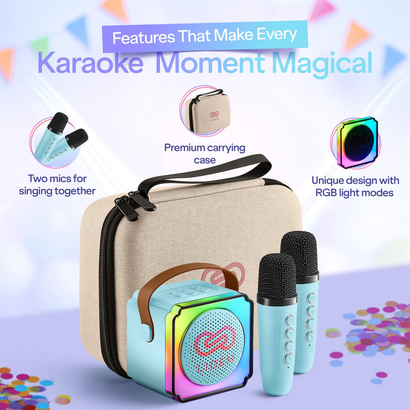 LIOEM Mini Karaoke Machine for Kids | Kids Karaoke Machine for Girls and Boys w/ 2 Wireless Bluetooth Microphones | Clear-Sound Mini Kareoke and Speaker | Speaker and Microphone Set for Children