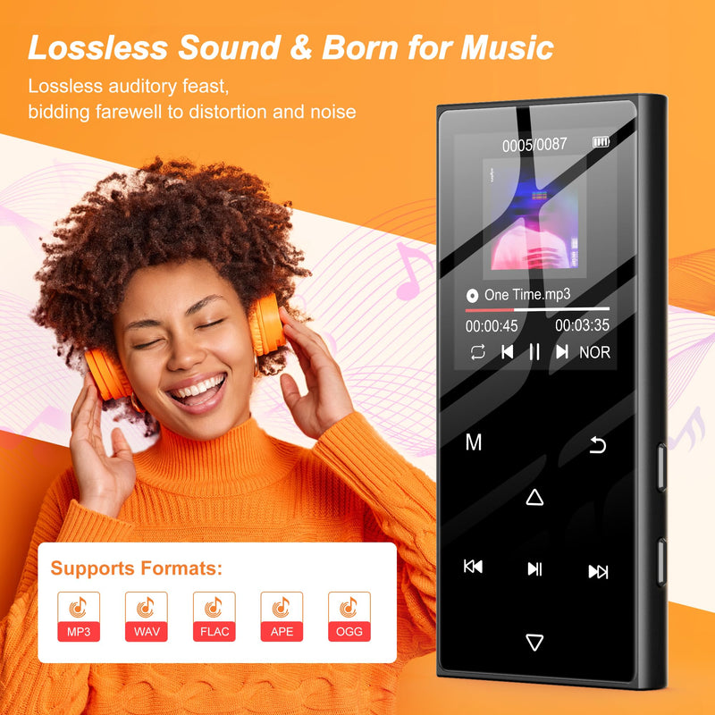 128GB MP3 Player with Bluetooth 5.3 - SWOFY D50 Music Player with Built-in HD Speaker, FM Radio, Voice Recorder, HiFi Sound, E-Book, Earphones Included