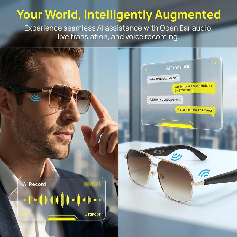 APOPHENIA AI Smart Bluetooth5.4 Glasses, Silver Frame Blue/Purple Lens | 140 Languages Real-Time Two-Way Translation, UV/Blue Light Protection & Anti-Glare, Aviator Style Unisex