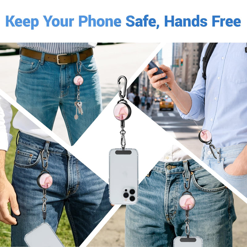 Retractable Phone Lanyard for Outdoor Activities, Anti-Drop Phone Tether, Perfect for Travel Skiing Hiking Concerts Pink Marble