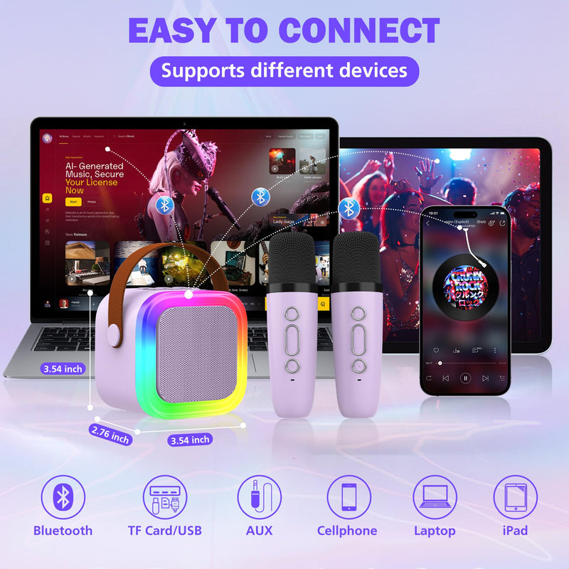 Mini Karaoke Machine for Kids Adults, Portable Bluetooth Speaker with 2 Wireless Microphones,Toys Birthday Gifts for Girls Ages 4, 5, 6, 7, 8,9,10,11,12+ Family Home Party (Purple) Purple 2 Mics