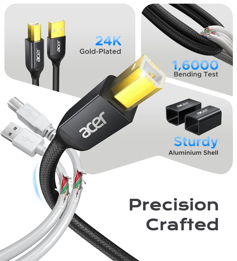 Acer Printer Cable 10ft, USB A to USB B Cable,High Speed Nylon Printer Cord | Aluminum Case & Gold-Plated, USB 2.0 B Cable for HP, Canon, Brother, Samsung, Dell, Epson, Lexmark, Xerox and More 10 FT