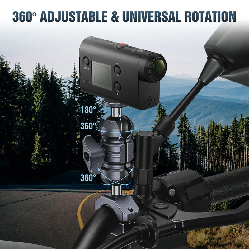Sport Camera Holder with 1/4" Thread Ball Adapter, Install 22-32mm Diameter Round Bars, 25mm Ball, Aluminum, U-Bolt Base for ATV/Scooter Handlebar (KCB-2) KCB-2 Suitable for 0.85“ to 1.14” rails