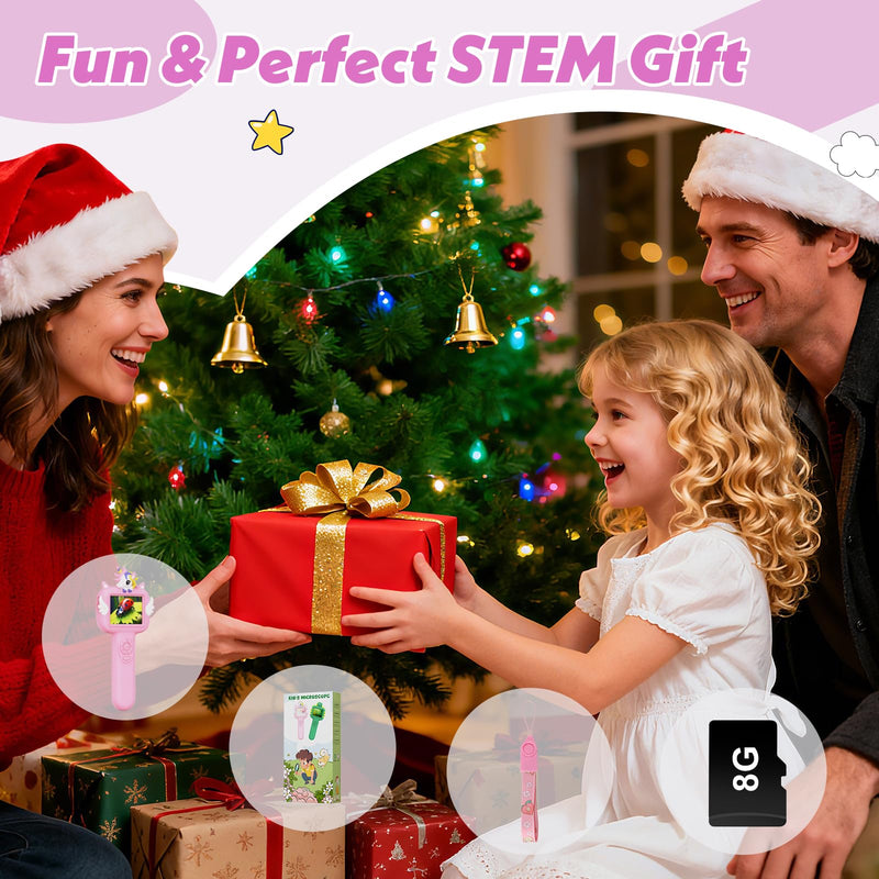 [AUSTRALIA] - Microscope for Kids Gifts Toys Science, Mini Handheld Digital Pocket Microscope Requiring Direct Surface Contact, Educational STEM Toy for Boys Girls Ages 8–12, Christmas Birthday Gift Idea Pink 