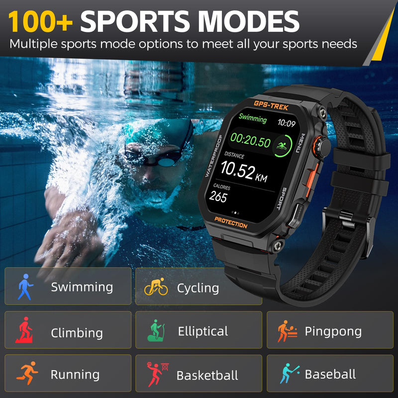 Military Smart Watches for Men Built-in GPS with Bluetooth Call 1.75" HD | Rugged Tactical Smartwatch Big Screen IP68 Waterproof Fitness Tracker Watch with Heart Rate Sleep Monitor for iPhone Android Black-orange