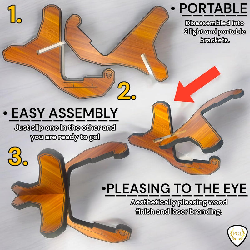 PGL Stepped Wooden Guitar Stand (Floor Stand) w/ Thicker EVA Protective Padding, Thicker Material, Electric Guitar Step, Acoustic Guitar Step, Concave Laser Engraved Diagram and Border, Universal Holder for Acoustic, Bass, Electric & Classical Guitars ...