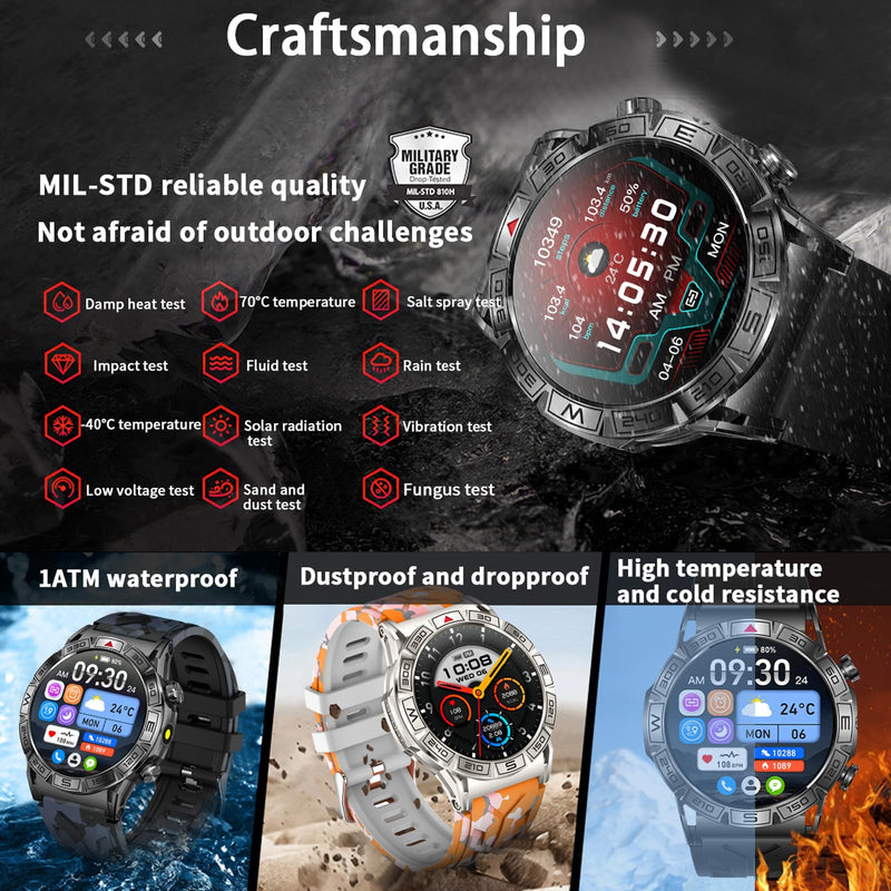 Yihou ABC Military Smart Watch for Men, Rugged Smartwatch Answer/Make Call, 1.43" AMOLED Display Fitness Tracker with Compass Altitude Flashlight Cam Black
