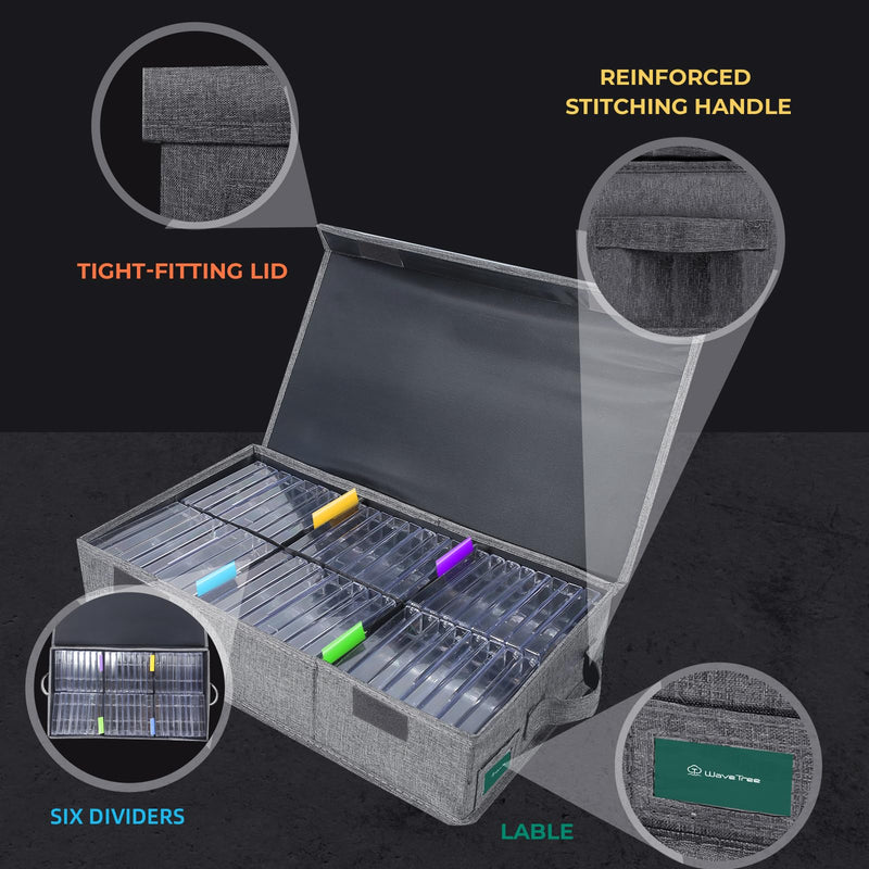 Cassette Tape Storage Box, Practical Cassette Tape Holder 16.34 x 9.25 x 3.54 Inch, Cassette Rack with Lids and Index Labels to store to 48 Cassette Tape Cases - Gray TAPE-1 Pack