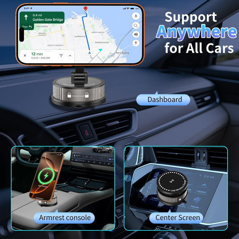 2-in-1 Car Phone Mount with 15W Fast Wireless Charging | 95+LBS Strong Suction & 2400gf Strong Magnetic , 360° Adjustable Car Phone Holder, Phone holders for Your Car