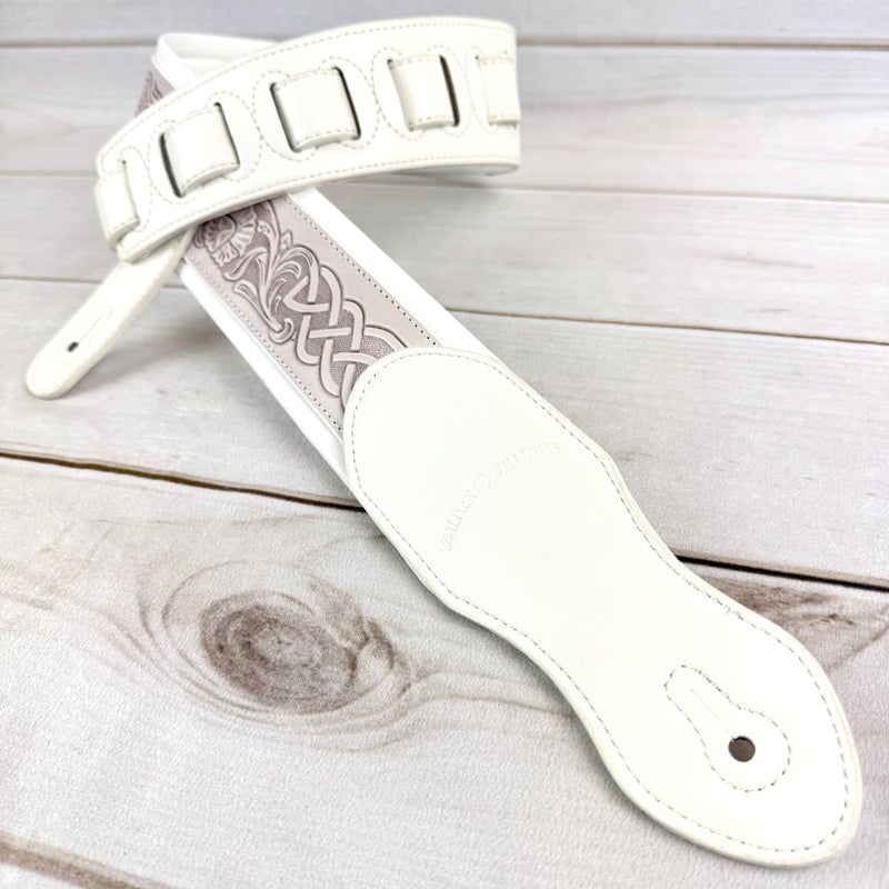 Walker And Williams KB-05-WHT Aged White Celtic Knot Full Grain Carving Leather Padded Strap With Arctic White garment leather Backing For Acoustic, Electric, And Bass Guitars