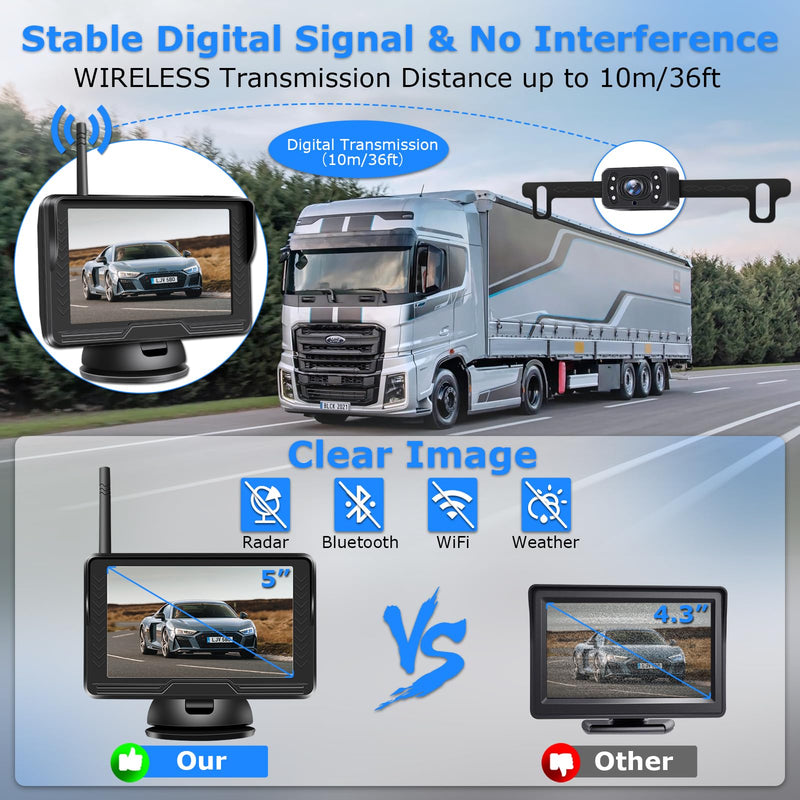 Wireless Backup Camera for Car【6 LED】 5'' AHD 1080P Back up Camera for Cars with Monitor Waterproof License Plate Reverse Camera for Truck Trailer RV Pickup DIY Guide Lines 5 inch