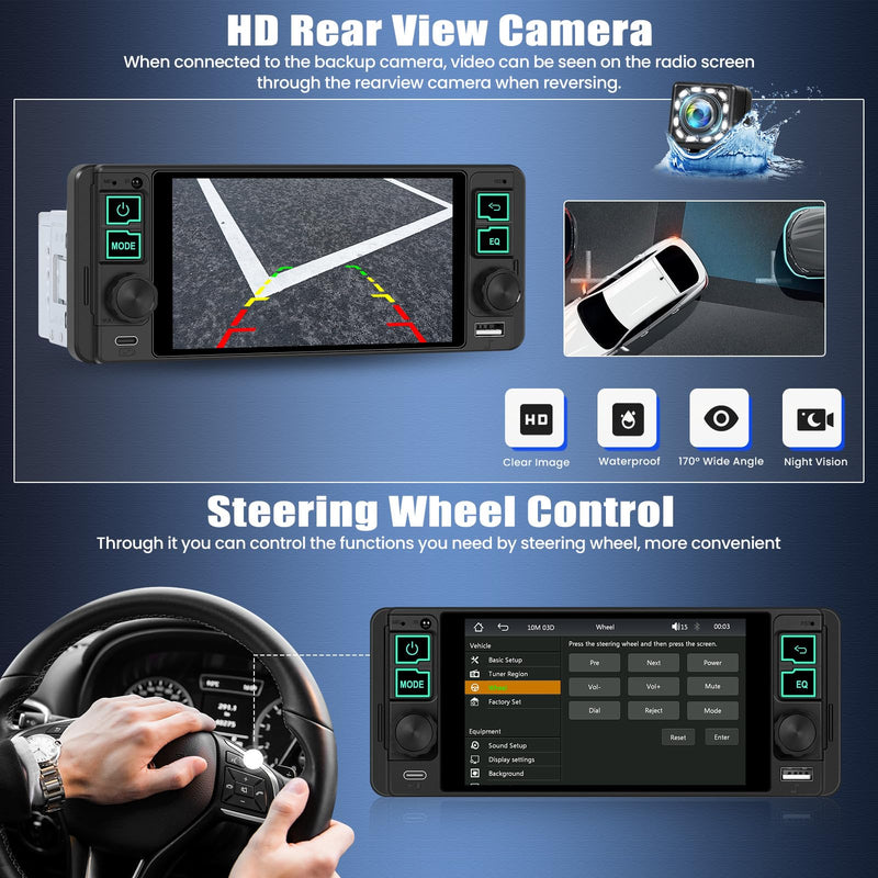 Single Din Car Radio with Wireless CarPlay & Android Auto,5.1 Inch HD IPS Touchscreen Single Din Stereo with Bluetooth Backup Camera,1 Din Car Radio Supports Bluetooth/SWC/FM Radio/USB/TF