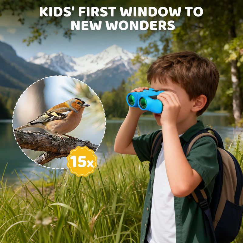 Aurosports 15x25 Compact Binoculars for Kids - Small Binoculars Lightweight with Carrying Case Birding Guide for Bird Watching Hiking Camping Travel Gift for 8-12 Years Boys Girls (Blue) Blue