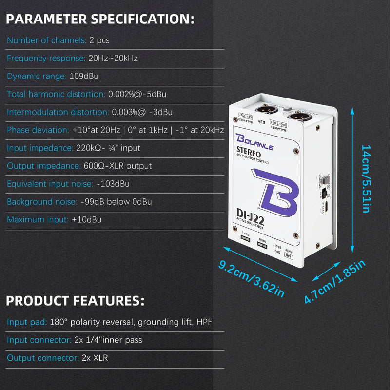 Bolanle J22 Professional Stereo DI Box/Splitter XLR 1/4 inch, Dual Channel Direct Box for Sound System, Subwoofer, Karaoke Speaker, Guitar, Keyboard, Bass