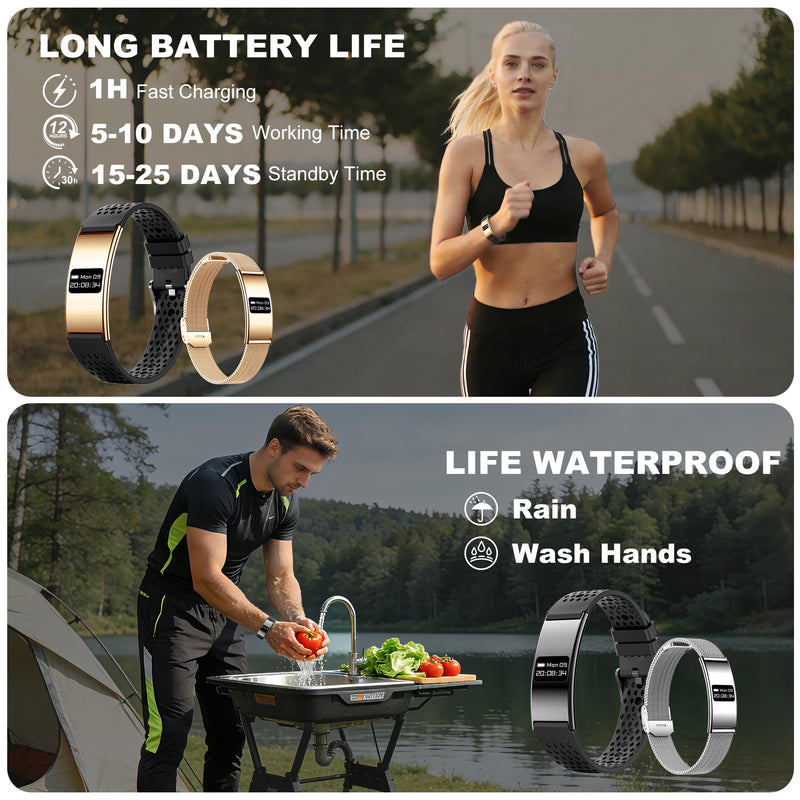Smart Bracelet for Women Men, Activity & Fitness Trackers, 1ATM Waterproof,Multiple Sport Modes, Fitness Tracking Wearable with Free App, 2 Bands Golden