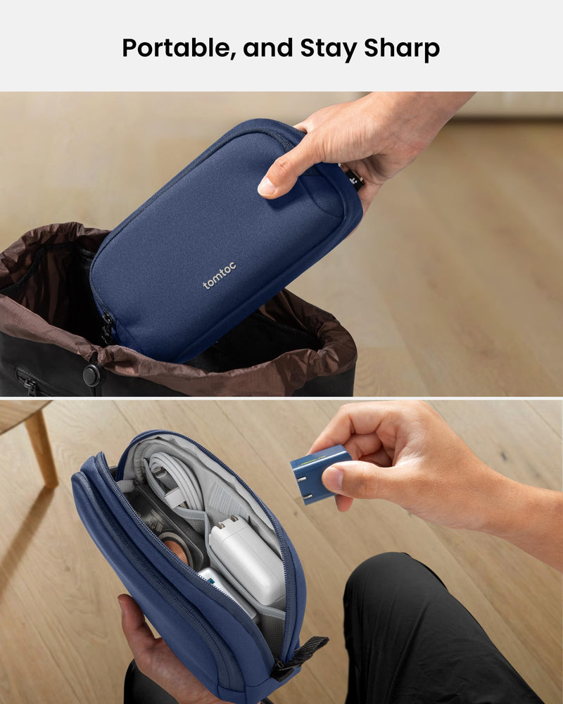 tomtoc Electronic Organizer Travel Case, Water Resistant Dual Compartment Tech Pouch Cable Organization Storage Bag for Charger, Cord, Phone, Hard Drive, Power Bank, Accessories Travel Essentials Navy Blue M