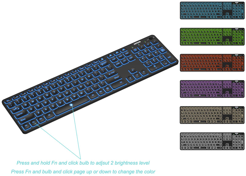 Arteck Universal Backlit 7-Colors & Adjustable Brightness Multi-Device Full Size Wireless Bluetooth Keyboard for Windows, iOS, iPad OS, Android, Computer Desktop Laptop Surface Tablet Smartphone