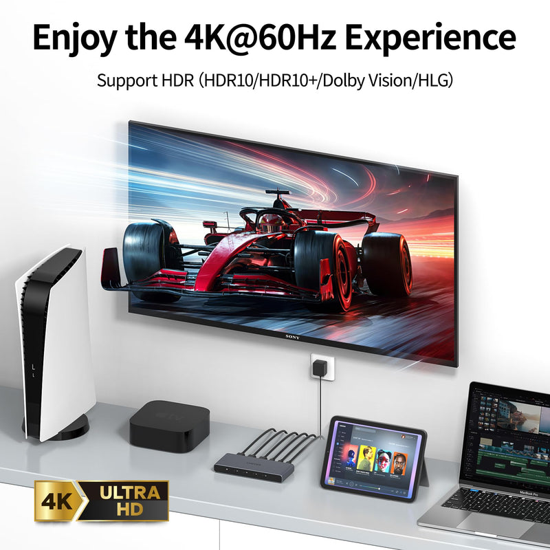 Unitek HDMI USB C Switch 4 Computers 1 Monitor with EDID | 4K@60Hz USB-C Switcher for Laptops PC PS5 Xbox Ipad Phone Tablet HDCP 2.3 HDR10+ Vedio, Quick Switch ,Plug and Play ,Gray