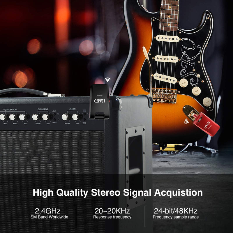 LEKATO 2.4GHz Wireless Guitar System - 6 Channels Rechargeable Wireless Transmitter & Receiver for Guitar & Bass, Stereo & Mono 1/4' & 1/8' 2 in 1 Plugs (Black & Red)