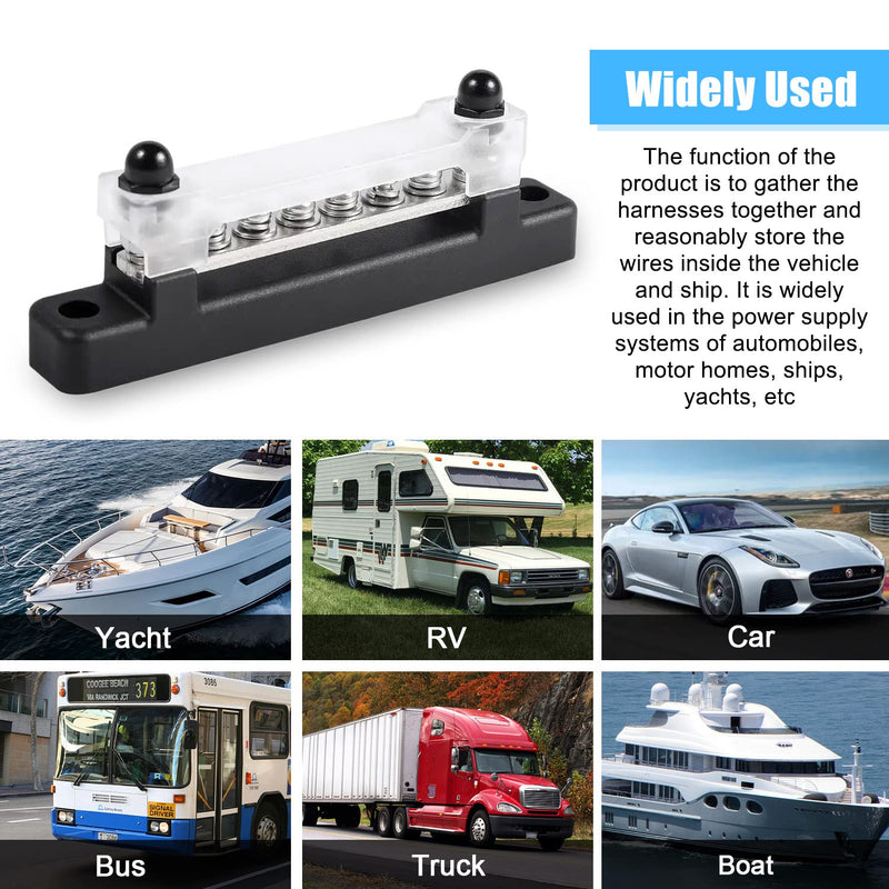 6-Pin Busbar Distribution Block, Single Row Busbar 150A Busbar Block with Cover, Distribution Block, Busbar Screw Terminal, Busbar for Truck, Bus, Boat (Black) black