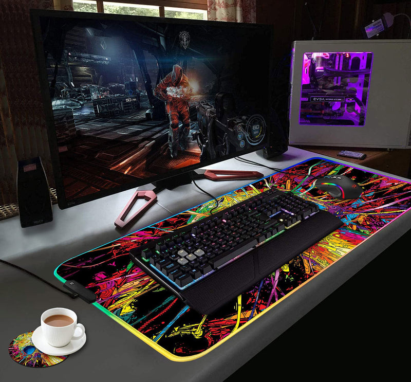 Luasao RGB Gaming Mouse Pad with Coffee Coaster, Color Skull Design XXL Large Glowing LED Mousepad, Anti-Slip Rubber Base, Computer Keyboard Desk Mouse Mat 31.5 X 11.8 Inch
