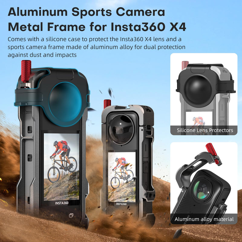 REYGEAK for insta-360 X4 Case, Aluminium Utility Frame for Insta360 X4,Protective Cage with Silicone Lens Cover,Cold Shoe Interface with 1/4" Threads Cold Shoe Mount Folding Fingers
