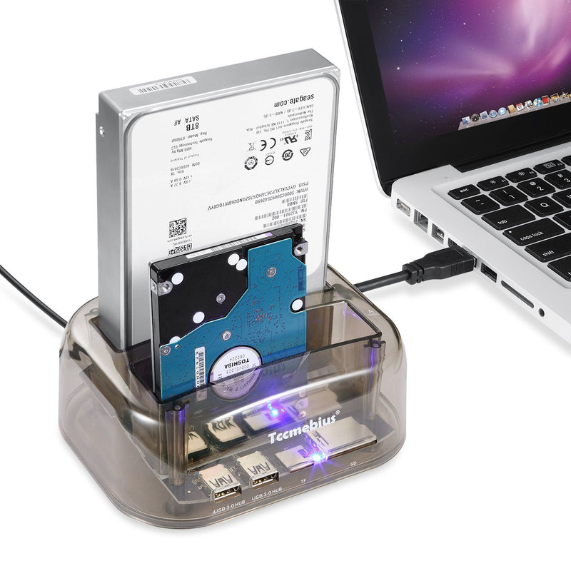 TCC-S865 USB 3.0 to SATA IDE Dual Slots External Transparent Hard Drive Docking Station with Card Reader and 2 Ports USB 3.0 Hub for 2.5 3.5 Inch IDE SATA I/II/III HDD SSD