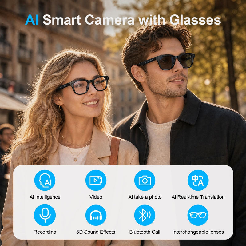 AI Smart Glasses with 1080P Video, Real-Time Translation and Open-Ear Audio | 8MP Photo Camera and AI Voice Assistant with Dual-Mic and WiFi Transfer. Swappable Lenses for Travel, Meetings and Daily Use